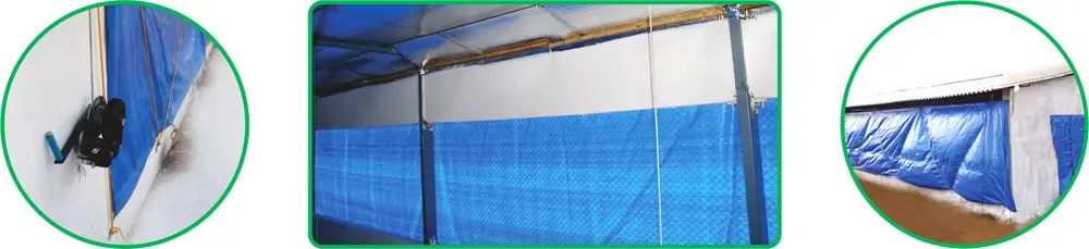 Curtain Winching System in action, equipped with HDPE woven fabric curtains for poultry houses, providing tear-resistant, all-weather protection for improved poultry farm conditions.